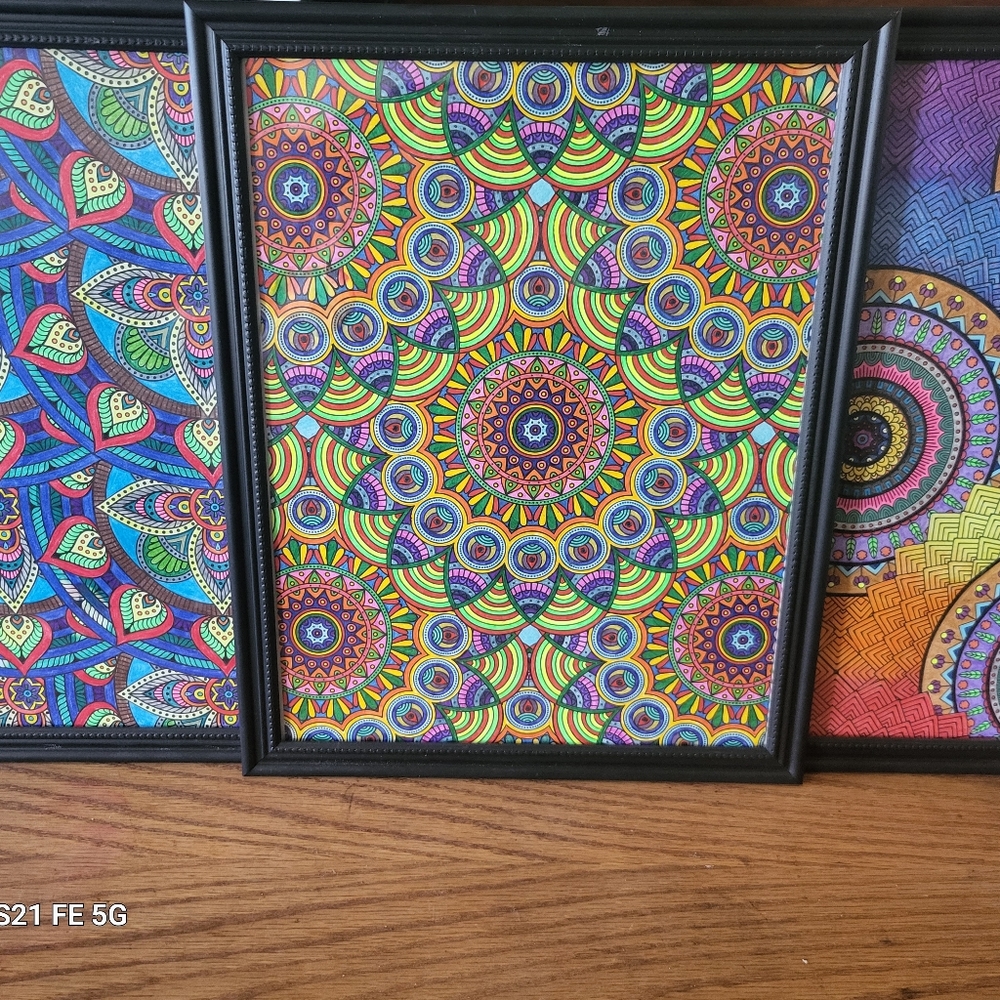 Set of Three Multi-colored Pictures Handcrafted. 11.5' x 8.5' Pen and Pencil